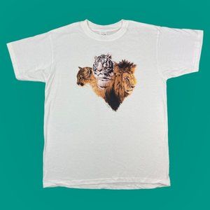 Vintage Human-i-Tees Cougar Lion Tiger Graphic Short Sleeve White T-Shirt Anvil